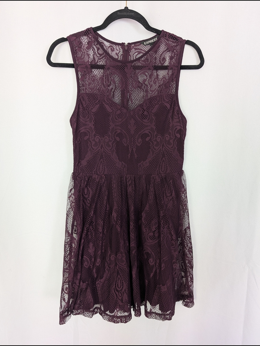 Express Plum Lace Overlay Sleeveless Fit and Flare Dress